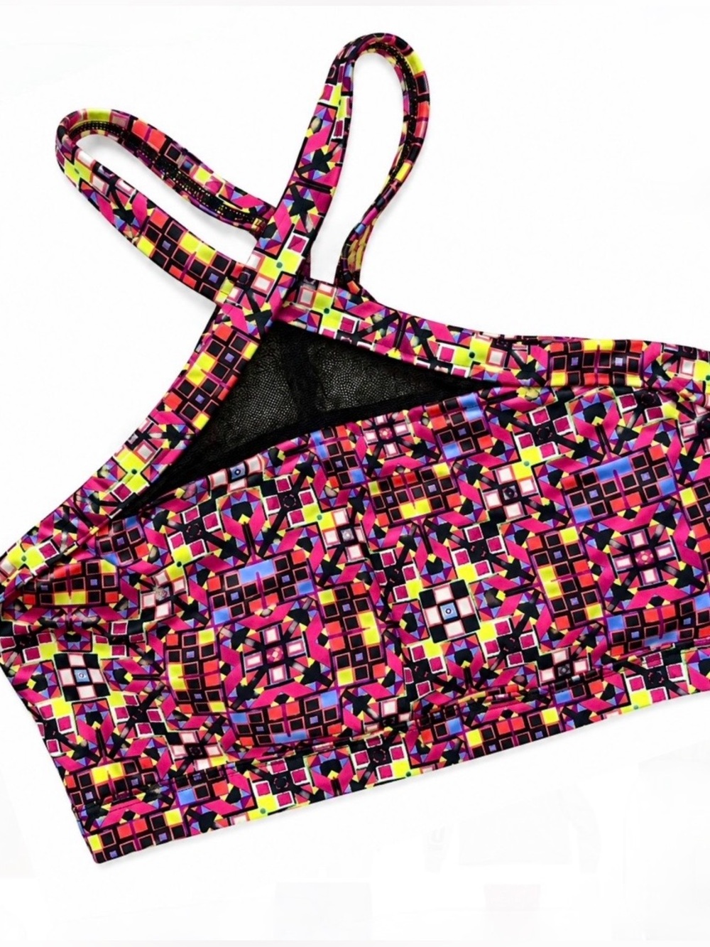 Victoria Sport Neon Geometric Print Strappy Sport Bra - Sheer Black Neck Detail